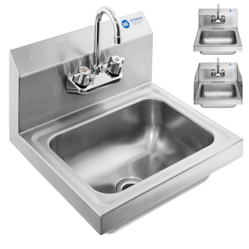 17 Inch Wide NSF Stainless Steel Hand Washing Sink Wall Mount w/ Faucet